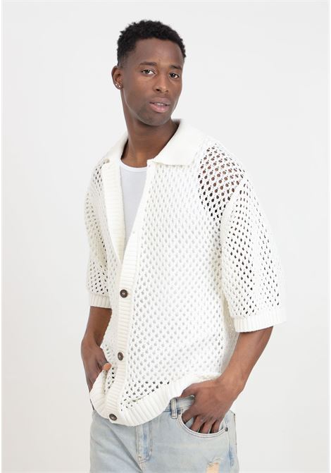 White half-sleeved men's cardigan with perforated weave IM BRIAN | MA2810PANNA